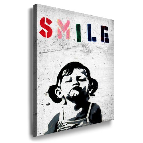 Fotoleinwand24 Bild auf Leinwand Banksy Graffiti Art Smile / XXL Wandbilder und Kunstdrucke auf Leinwand Bilder fertig gerahmt auf Holzrahmen / FARBE UND GRÖSSE WÄHLBAR !! kein Poster oder Plakat / Günstiger als Ölbild Gemälde / Leinwandbilder, Keilrahmenbilder N-343 (Bild A - 40x60cm) von Fotoleinwand24