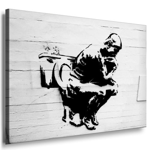 Fotoleinwand24 Bild auf Leinwand - Banksy Graffiti Art Thinker On Toilet AA0135 / Schwarz-Weiß / 120x100 cm von Fotoleinwand24