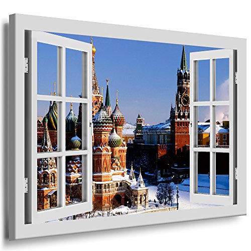 Fotoleinwand24 Bild auf Leinwand - Fensterblick Moskau Kreml Winter AA0315 / Weiß / 80x60 cm von Fotoleinwand24