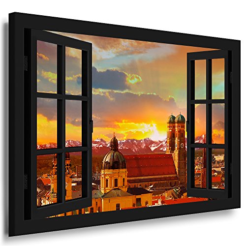 Fotoleinwand24 Bild auf Leinwand - Fensterblick München Sonnenuntergang AA0316 / Schwarz / 80x60 cm von Fotoleinwand24