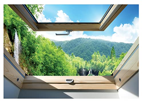 Forwall Fototapete Fenster 3D Effekt Aussicht Wasserfall Landschaft Wohnzimmer Schlafzimmer Vlies Tapete Wandtapete UV-Beständig Montagefertig (10413, V4 (254x184 cm) 2 Bahnen) von Fototapete Consalnet