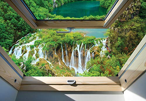 Forwall Fototapete Fenster 3D Effekt Aussicht Wasserfall Optik Wohnzimmer Schlafzimmer Vlies Tapete Wandtapete UV-Beständig Montagefertig (10392, V4 (254x184 cm) 2 Bahnen) von Fototapete Consalnet