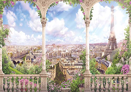 Forwall Fototapete Vlies Tapete Wanddeko Stadt Blumen - Ausblick Stadtpanorama Paris Eiffelturm Moderne Wandtapete Wanddekoration 11417V4 254cm x 184cm Schlafzimmer Wohnzimmer von Fototapete Consalnet