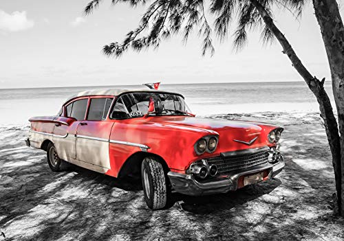 Forwall Fototapete Vlies Wanddeko Auto Oldtimer - Rot Strand Palmen Kuba Havanna Vliestapete Wand Tapete Moderne Wohnzimmer Schlafzimmer Wanddekoration 13334V4 254cm x 184cm von Fototapete Consalnet