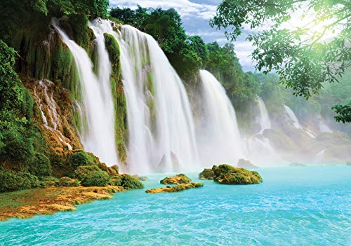 Forwall Fototapete Wasserfall 3D 368x254 cm - Vlies Tapete Natur Bäume Landschaft Fluss See Wohnzimmer Schlafzimmer Vliestapete Wandtapete UV-Beständig Montagefertig von Fototapete Consalnet