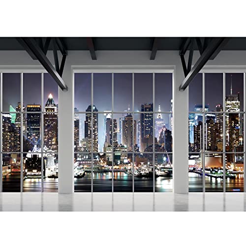 Runa Art Fototapete Fenster New York Nacht Modern Vlies Wohnzimmer Schlafzimmer - Made in Germany - Blau 9187010b von Runa Art