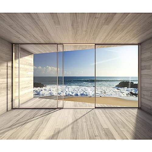 murando Fototapete Meer Fenster 350x256 cm Vlies Tapeten Wandtapete XXL Moderne Wanddeko Design Wand Dekoration Wohnzimmer Schlafzimmer Büro Flur See Natur Landschaft 3D Effekt Holz c-A-0084-a-b von murando