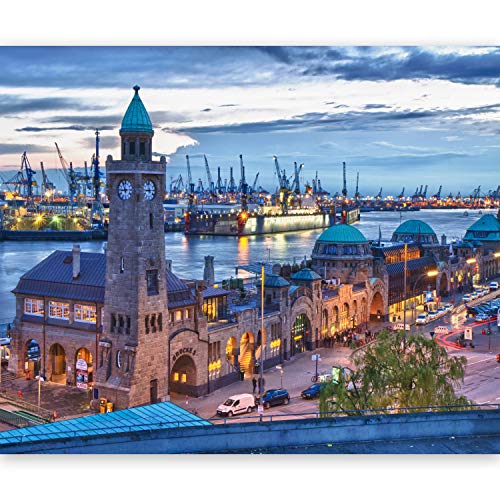 Fototapete murando Stadt 200x154 cm Vlies Tapeten Wandtapete XXL Moderne Wanddeko Design Wand Dekoration Wohnzimmer Schlafzimmer Büro Flur Hamburg Hafen Fluss Uhr 100404-154 von Fototapete