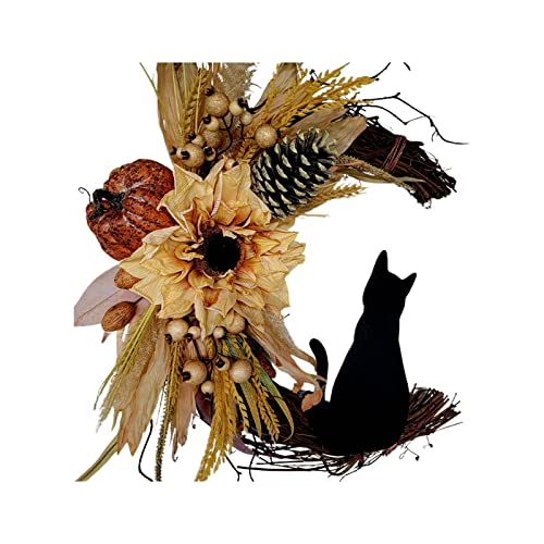 Fotrsta 30 cm Herbst-Ernte-Türkranz, künstlicher Blumenkranz für Haustür, natürliches Rattan, Mondform-Girlande mit schwarzer Mondkatze für Festivaldekoration, A11 Fotrsta 30 cm Herbst-Ernte-Türkranz, künstlicher Blumenkranz für Haustür, natürliches Rattan, Mondform-Girlande mit schwarzer Mondkatze für Festivaldekoration, A11 von Fotrsta