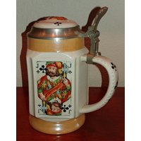 Vintage Card Player Bierkrug Handbemaltes Steinzeug Mit Zinndeckel von FoundTeaSetTreasures