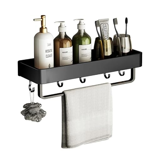 SOUANNOR Duschregal ohne Bohren, für Badezimmer Regal Raum Aluminium, Duschregal Selbstklebender Duschkorb für Badezimmer WC Küche, mit Hängestreifen, schwarz, 40cm mit Haken & Handtuchhatler von Four Hammer