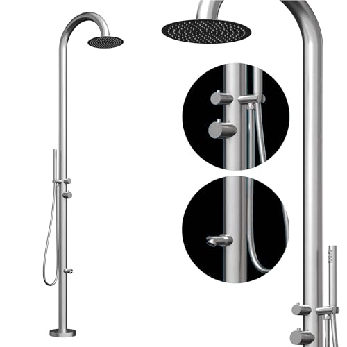Four & More Designer Gartendusche Außendusche Pooldusche Regendusche Duschsäule Dusche aus gebürstetem V4A / 316 Edelstahl Modell NOE mit Warm- & Kaltwasseranschluß für den Garten von Four & More