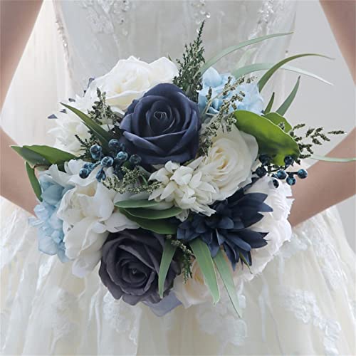 Fouriding Brautsträuße für Hochzeit, Blumenstrauß, marineblau, weiß, Brautstrauß, für Hochzeitszeremonie, Geburtstag, Brautparty, rustikale Hochzeit, Französisch (Weiß + Marineblau) von Fouriding