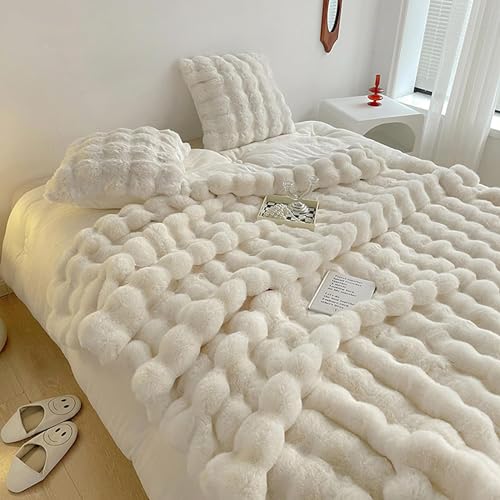 Fouriding Faux Kaninchen Pelz Decke, Winter weich warm Blase Kunstpelz Decke für Bett Sofa Casual Decke Bettdecke Decke (Beige, 160×200CM Set) von Fouriding