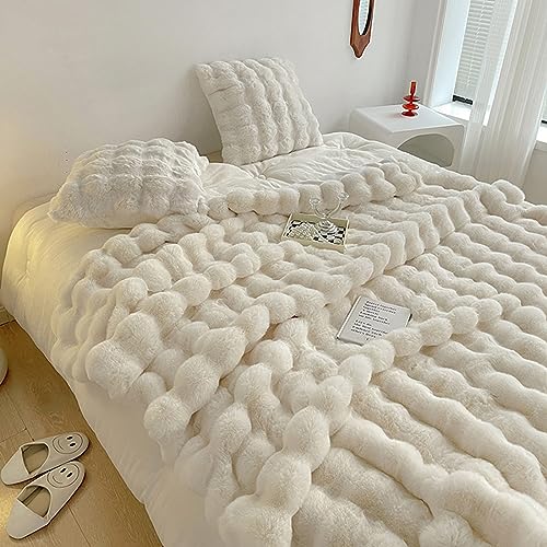 Fouriding Faux Kaninchen Pelz Decke, Winter weich warm Blase Kunstpelz Decke für Bett Sofa Casual Decke Bettdecke Decke (Beige, 200×230CM) von Fouriding