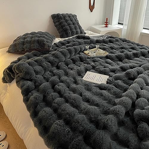 Fouriding Faux Kaninchen Pelz Decke, Winter weich warm Blase Kunstpelz Decke für Bett Sofa Casual Decke Bettdecke Decke (Dunkel grau, 200×230CM Set) von Fouriding