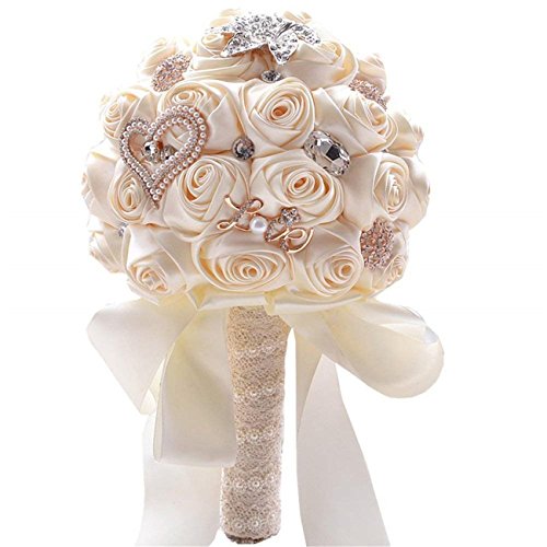 Fouriding Handgemachte Brosche Brautstrauß Braut Satin Rosen Blumen Diamant Perlen Blumensträusse Hochzeit Strauß Künstliche Blumenstrauß künstlicher Rosenstrauß Dekoration (Cremig) von Fouriding