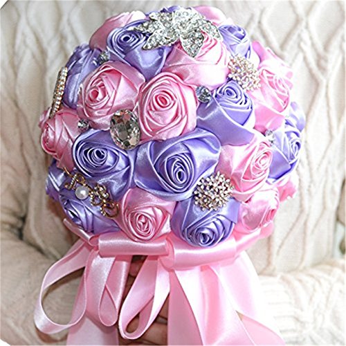Fouriding Handgemachte Brosche Brautstrauß Braut Satin Rosen Blumen Diamant Perlen Blumensträusse Hochzeit Strauß Künstliche Blumenstrauß künstlicher Rosenstrauß Dekoration (Purpur Rosa) von Fouriding