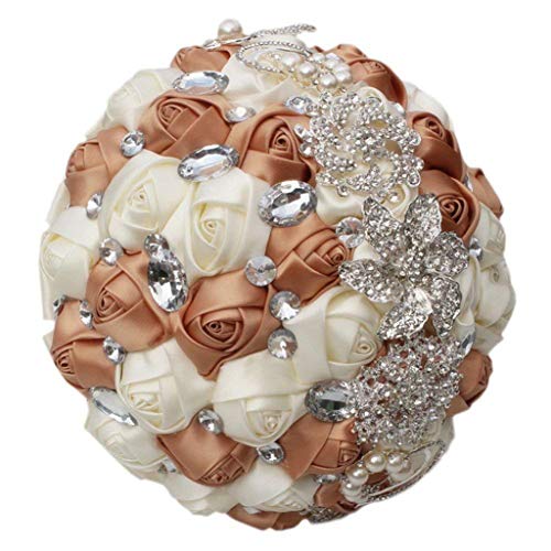 Fouriding Handgemachte Brosche Brautstrauß Braut Satin Rosen Blumen Strass Perlen Blumensträusse Hochzeit Strauß Künstliche Blumen Blumenstrauß künstlicher Rosenstrauß Deko (Khaki Cremig) von Fouriding