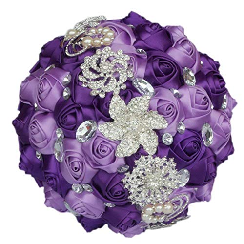 Fouriding Handgemachte Brosche Brautstrauß Braut Satin Rosen Blumen Strass Perlen Blumensträusse Hochzeit Strauß Künstliche Blumen Blumenstrauß künstlicher Rosenstrauß Deko (Lila Lavendel) von Fouriding
