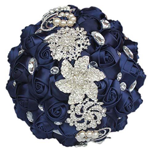 Fouriding Handgemachte Brosche Brautstrauß Braut Satin Rosen Blumen Strass Perlen Blumensträusse Hochzeit Strauß Künstliche Blumen Blumenstrauß künstlicher Rosenstrauß Deko (Marine Blau) von Fouriding