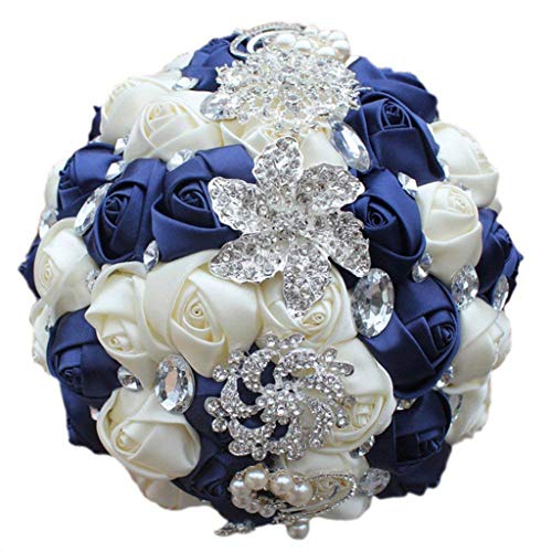 Fouriding Handgemachte Brosche Brautstrauß Braut Satin Rosen Blumen Strass Perlen Blumensträusse Hochzeit Strauß Künstliche Blumen Blumenstrauß künstlicher Rosenstrauß Deko (Navy Cremig) von Fouriding