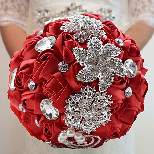 Fouriding Handgemachte Brosche Brautstrauß Braut Satin Rosen Blumen Strass Perlen Blumensträusse Hochzeit Strauß Künstliche Blumenstrauß künstlicher Rosenstrauß Dekoration (Creystal Red) von Fouriding