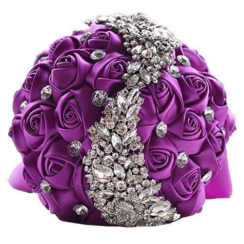 Fouriding Handgemachte Brosche Brautstrauß Braut Satin Rosen Blumen Strass Perlen Blumensträusse Hochzeit Strauß Künstliche Blumenstrauß künstlicher Rosenstrauß Dekoration (Lila) von Fouriding