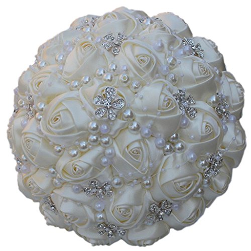 Fouriding Handgemachte Brosche Brautstrauß Braut Satin Rosen Blumen Strass Perlen Blumensträusse Hochzeit Strauß Künstliche Blumenstrauß künstlicher Rosenstrauß Dekoration von Fouriding