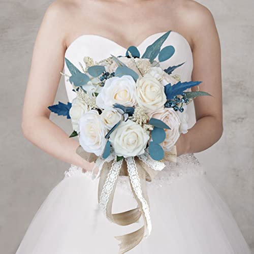 Fouriding Hochzeit Bouquet Vintage Style cremig weiß blau Rose Braut Braut künstliche Bouquet Brautjungfer Hochzeit Dekoration Sträuße (Groß) von Fouriding