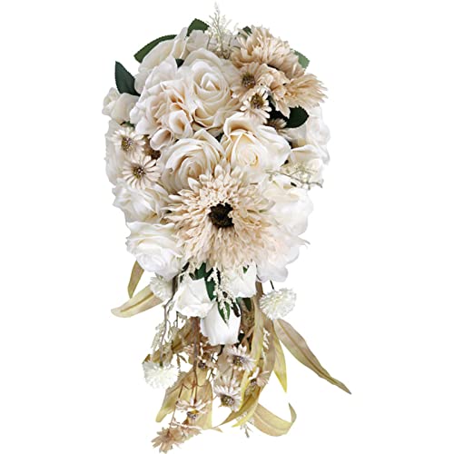 Fouriding Hochzeit Bouquet für Braut, Wasser Tropfen Wasserfall Braut künstliche Blumen Bouquet für Zeremonie Jahrestag Braut Dusche Party Hochzeit Dekoration (Cremefarbene Rosen) von Fouriding