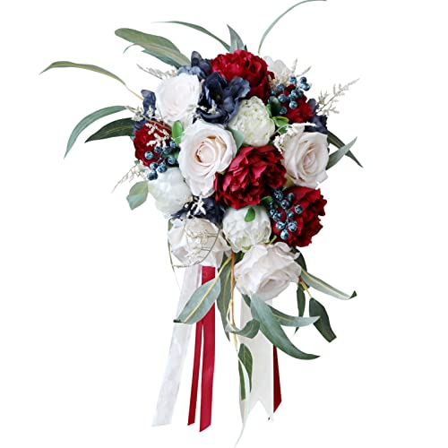 Fouriding Hochzeit Bouquet für Braut, Wasser Tropfen Wasserfall Braut künstliche Blumen Bouquet für Zeremonie Jahrestag Braut Dusche Party Hochzeit Dekoration (Weißwein Rote Rosen) von Fouriding