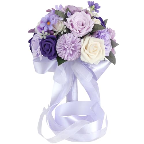 Fouriding Hochzeit Braut Blumenstrauß,Künstliche Hand Blumen Rosen Brautstrauß Brautjungfer für Zeremonie Jahrestag Partei Braut Dusche Dekoration Hochzeit Sträuße (Flieder Violett) von Fouriding