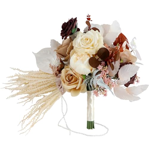 Fouriding Hochzeit Braut Blumenstrauß,Künstliche Hand Blumen Rosen Brautstrauß Brautjungfer für Zeremonie Jahrestag Partei Braut Dusche Dekoration Hochzeit Sträuße (Karamell Champagner) von Fouriding