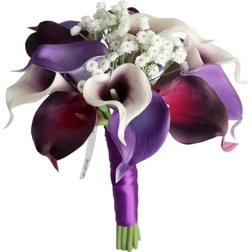 Fouriding Hochzeit Braut Blumenstrauß,Künstliche Hand Blumen Rosen Brautstrauß Brautjungfer für Zeremonie Jahrestag Partei Braut Dusche Dekoration Hochzeit Sträuße (Lila Calla-Lilie) von Fouriding