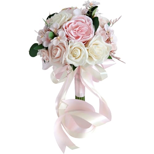 Fouriding Hochzeit Braut Blumenstrauß,Künstliche Hand Blumen Rosen Brautstrauß Brautjungfer für Zeremonie Jahrestag Partei Braut Dusche Dekoration Hochzeit Sträuße (Rosa) von Fouriding