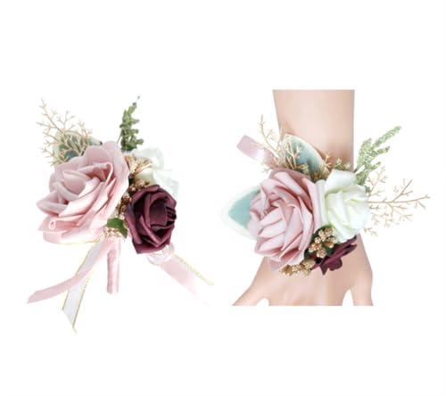 Fouriding Hochzeit Künstliche Boutonniere Handgelenk Blumen Set,Bräutigam Bester Mann Braut Brautjungfer Künstliche Corsage Anzug für Hochzeit Party Prom Event Zeremonie Jahrestag (Bohne Rosa) von Fouriding