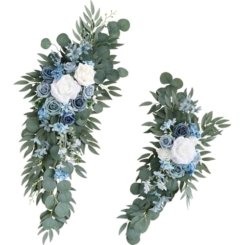 Fouriding Hochzeit Swag Bogen Blumen (Packung mit 2), künstliche Rosen Swag Blumen Blumenarrangement Swag für Hochzeit Zeremonie Empfang Backdrop Stuhl Dekoration (Blau Weiß) von Fouriding