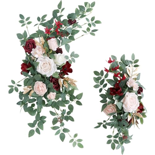 Fouriding Hochzeit Swag Bogen Blumen (Packung mit 2), künstliche Rosen Swag Blumen Blumenarrangement Swag für Hochzeit Zeremonie Empfang Backdrop Stuhl Dekoration (Burgunder Champagner) von Fouriding