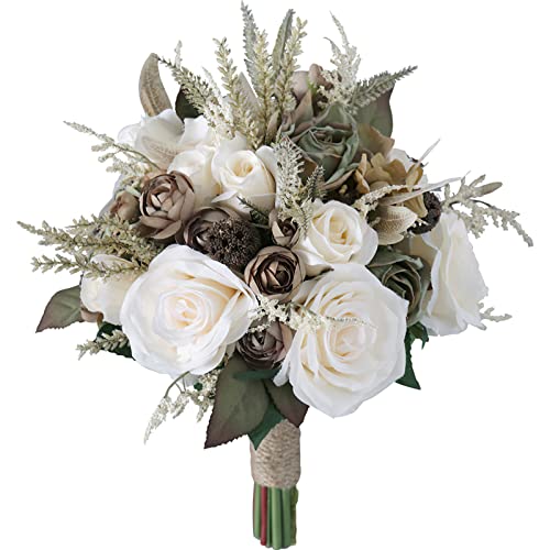 Fouriding Hochzeitsstrauß Vintage Stil Künstliche Mehrere Seidig Hand Blume Creme Weiß Khaki Rose Braut Brautstrauß Brautjungfer Hochzeit Dekoration Blumensträuße von Fouriding