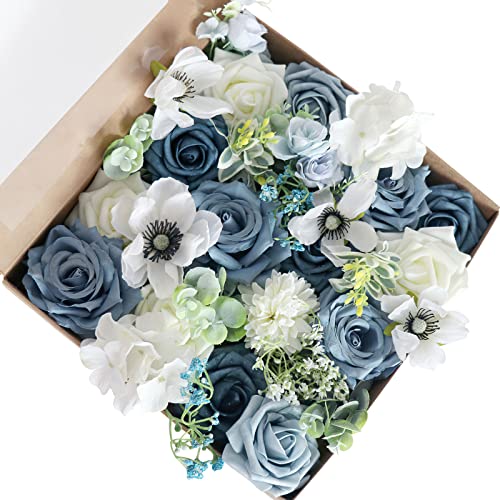 Fouriding Künstliche Blumen, Kunstblumen Gefälschte Rosen Combo DIY für Blumenarrangements, Blumensträuße, Hochzeitsdekoration,Zuhause Dekoration (Blau Weiss) von Fouriding