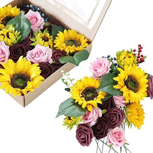 Fouriding Künstliche Blumen, Kunstblumen Gefälschte Rosen Combo DIY für Blumenarrangements, Blumensträuße, Hochzeitsdekoration,Zuhause Dekoration (Sonnenblume) von Fouriding