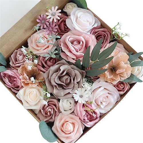 Fouriding Künstliche Blumen Combo DIY Hochzeit Blumensträuße Künstliche Rosen Tischdeko Lehrerin Arrangement Babydusche Kuchen Party Haus Hochzeit Dekoration (Rosa Karamell) von Fouriding