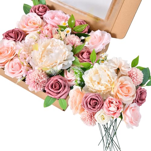 Fouriding Künstliche Blumen DIY für Hochzeit 2 Boxen,Seide Gefälschte Blumen DIY für Blumensträuße Mittelstücke Valentinstag Muttertag Dusche Geburtstag Torte Home Dekoration (Rosa Champagner) von Fouriding