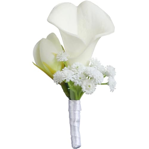 Fouriding Künstliche Weiße Calla Lily Boutonniere für Hochzeit Bräutigam Trauzeuge Braut Brautjungfer Corsage Anzug für Hochzeit Party Prom Event Zeremonie Jahrestag von Fouriding