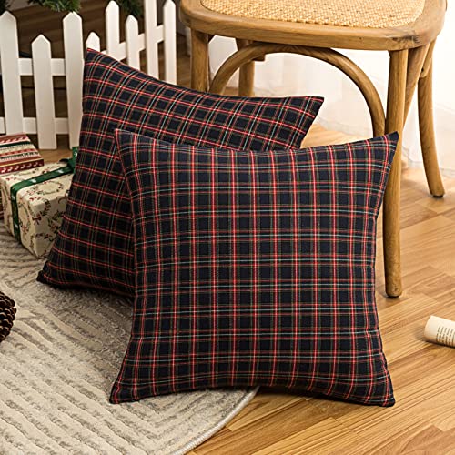 Fouriding Weihnachten Kissenbezüge Satz von 2, Weihnachten Plaid Baumwolle Kissenbezug Weihnachten Quadrat Kissenbezüge für Sofa Bett Auto Weihnachten Dekorationen (45×45CM, Dunkel) von Fouriding