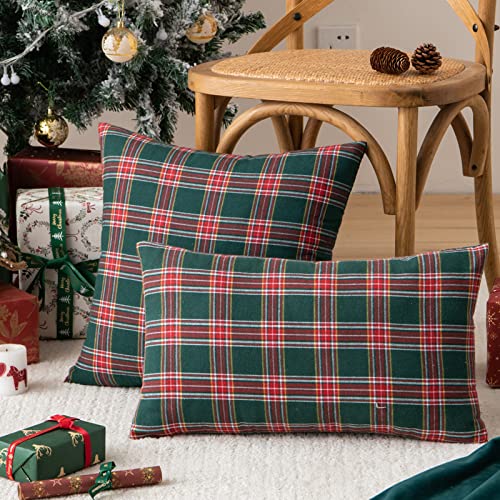 Fouriding Weihnachten Kissenbezüge Satz von 2, Weihnachten Plaid Baumwolle Kissenbezug Weihnachten Quadrat Kissenbezüge für Sofa Bett Auto Weihnachten Dekorationen (45×45CM, Rot Grün) von Fouriding