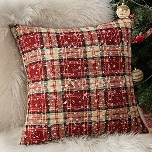 Fouriding Weihnachten Kissenbezüge Satz von 2, Weihnachten Plaid Baumwolle Kissenbezug Weihnachten Quadrat Kissenbezüge für Sofa Bett Auto Weihnachten Dekorationen (45×45CM, Rote Schneeflocke) von Fouriding