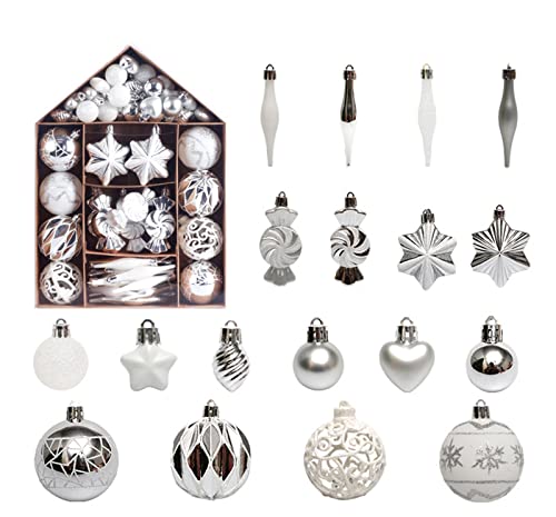 Fouriding Weihnachtskugeln 73pcs Kunststoff Christbaumkugeln Hängende Dekoration für Weihnachtsbaumschmuck (Silber Weiß) von Fouriding