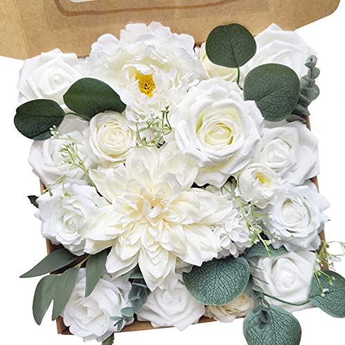 Fouriding künstliche gefälschte Rosen Blumen für DIY Hochzeit Blumensträuße Centerpieces Arrangements Valentinstag Muttertag Baby Dusche Geburtstag Torte Home Decoration (Reines Weiß) von Fouriding